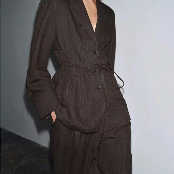 Zara herringbone belted blazer ZE collection in brown marl - small - Picture 7 of 10